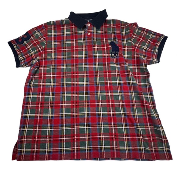 Vintage Y2K Polo Ralph Lauren Men XL Red Cotton Short Sleeve Big Pony Checkered - Picture 1 of 9